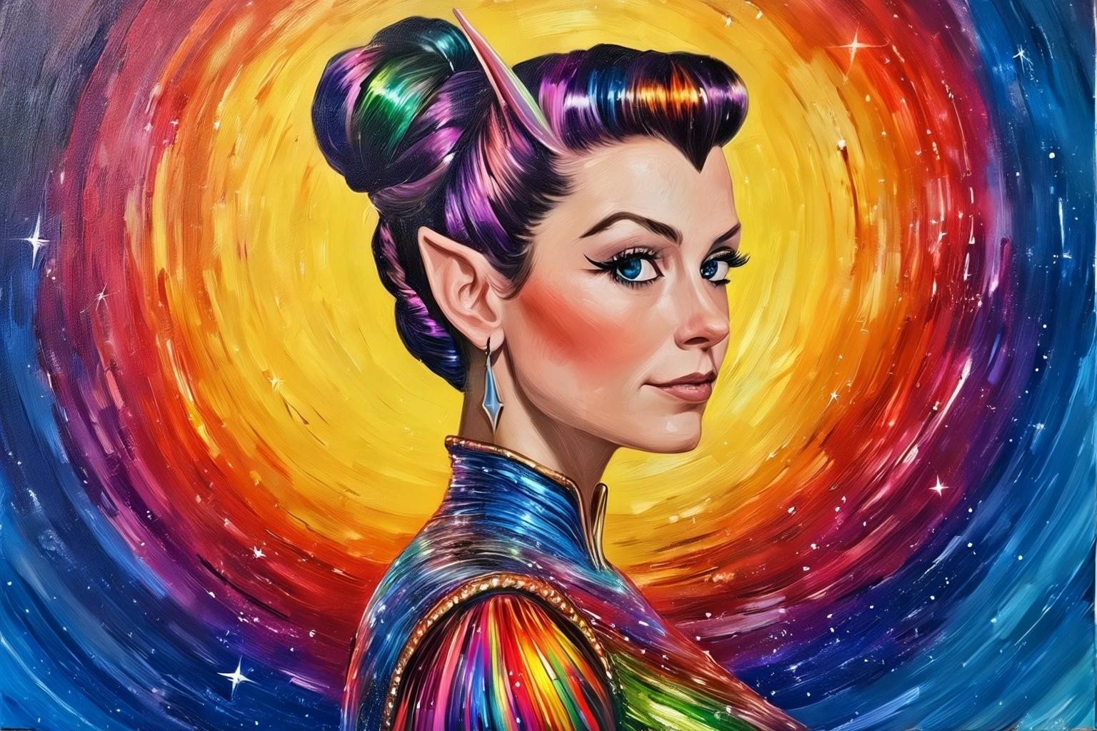 Image with seed 1267531165 generated via Stable Diffusion through @stablehorde@sigmoid.social. Prompt: T'Pring, Star Trek, (Elf ears), (Vulcan) princess, hair in a complicated braided updo, glittery rainbow Vulcan dress, cartoon poster art, painting, acrylics on cardboard 