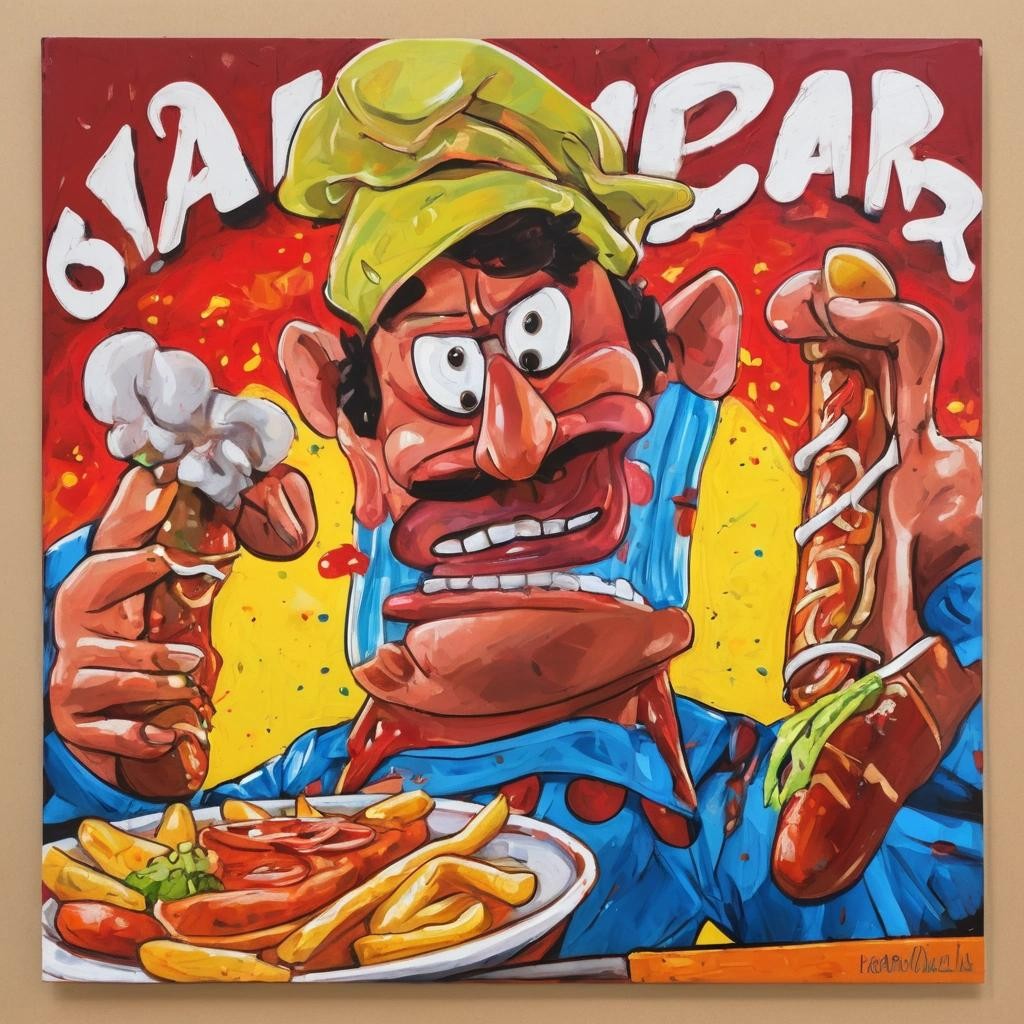 Image with seed 2868359427 generated via Stable Diffusion through @stablehorde@sigmoid.social. Prompt: a salchipapa. Cartoon poster art, painting, acrylics on cardboard, style fustercluck.