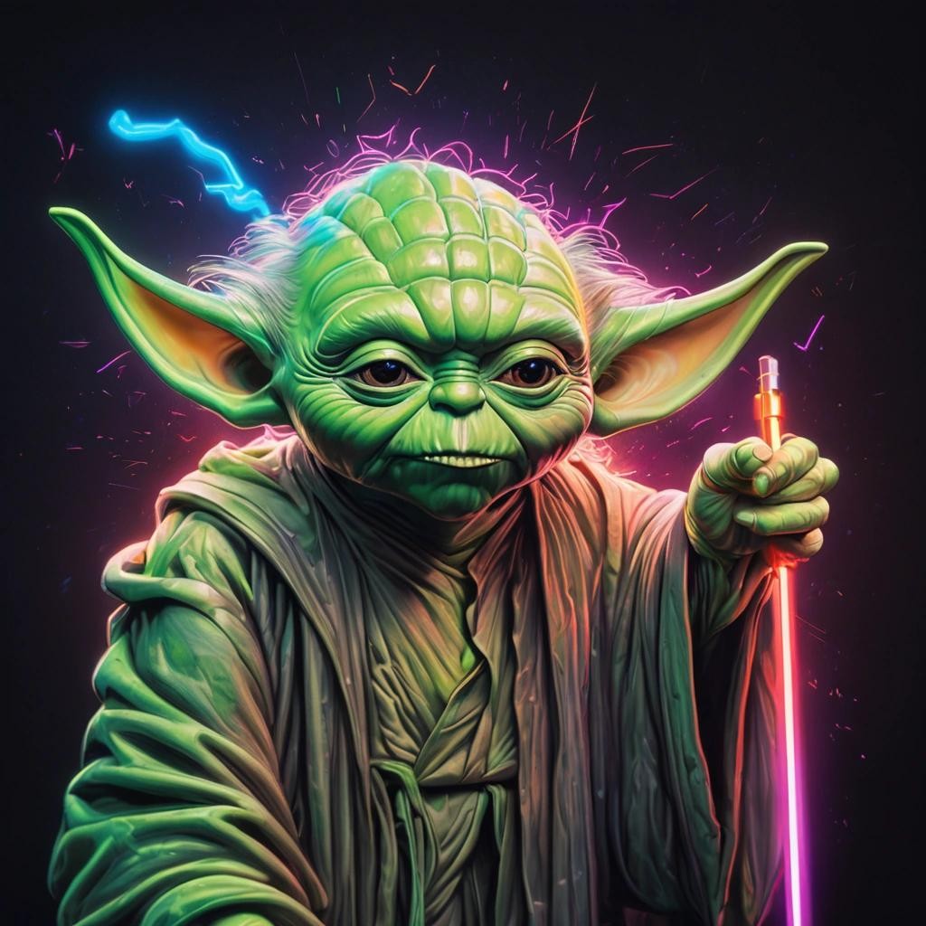 Image with seed 110471486 generated via Stable Diffusion through @stablehorde@sigmoid.social. Prompt: Yoda illustrated with color pencil, neon colors, dynamic lighting
