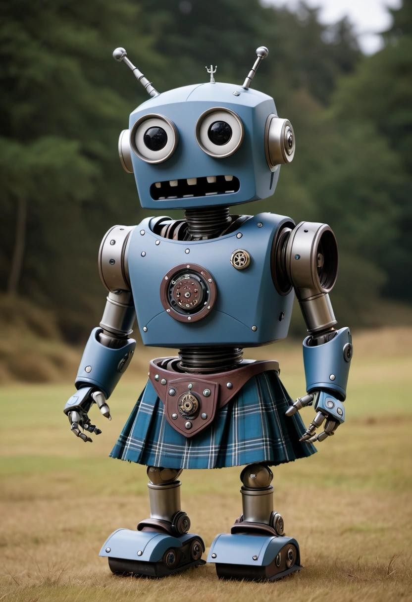 Image with seed 1750104180 generated via Stable Diffusion through @stablehorde@sigmoid.social. Prompt: a Scottish robot wearing a kilt 