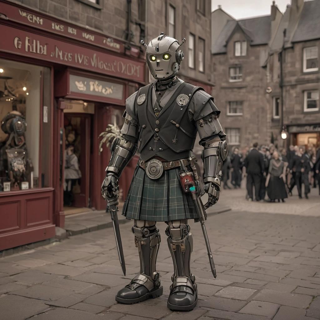 Image with seed 1006362144 generated via Stable Diffusion through @stablehorde@sigmoid.social. Prompt: a Scottish robot wearing a kilt ###