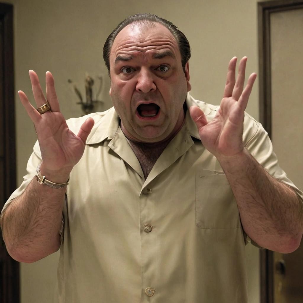 Image with seed 3236192817 generated via Stable Diffusion through @stablehorde@sigmoid.social. Prompt: Tony soprano looking horrified after realizing he has 7 fingers on each hand