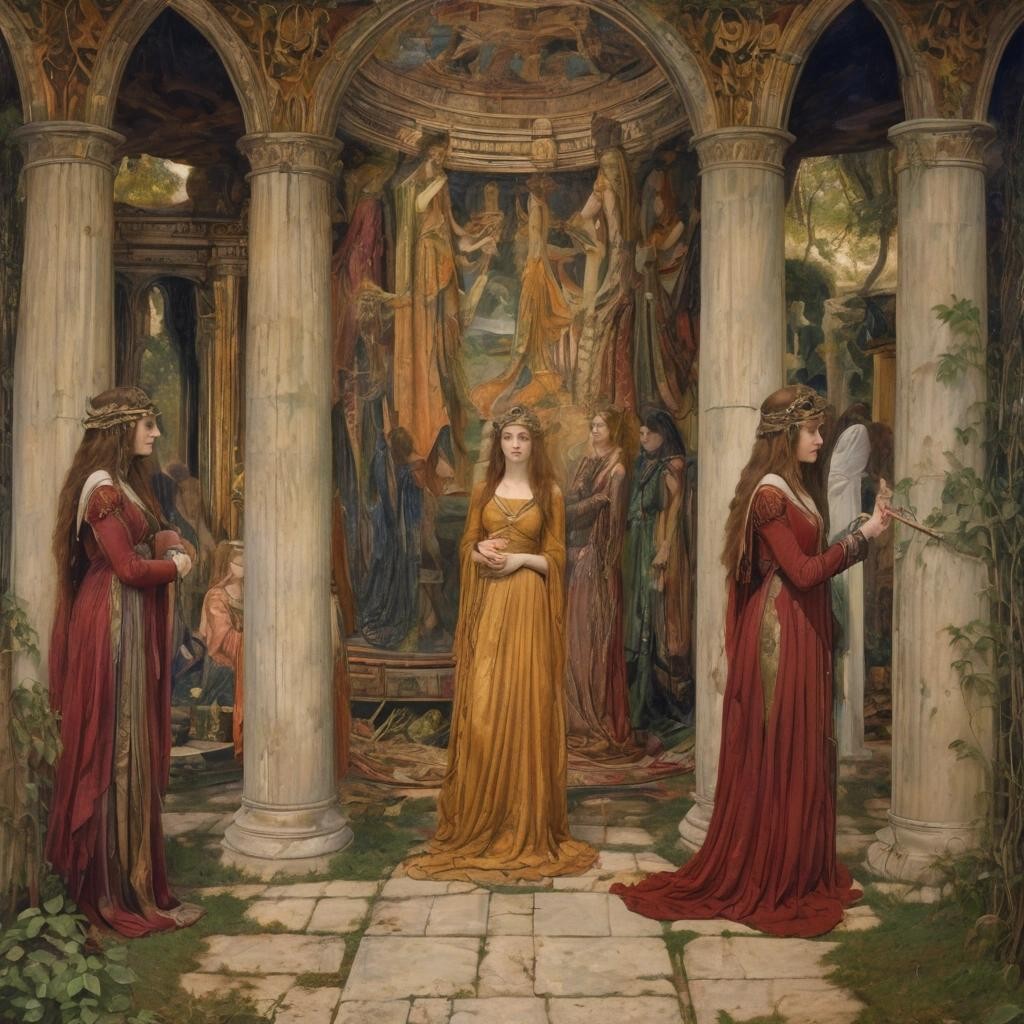 Image with seed 2331714245 generated via Stable Diffusion through @stablehorde@sigmoid.social. Prompt: a Pre-Raphaelite painting of priestesses in an ancient pagan temple