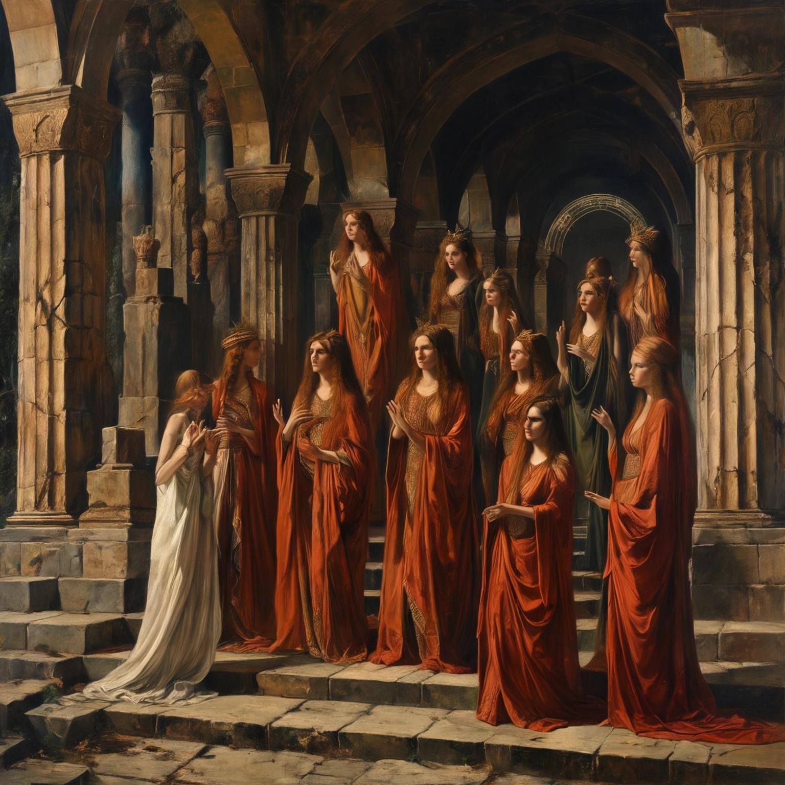 Image with seed 3078817737 generated via Stable Diffusion through @stablehorde@sigmoid.social. Prompt: a Pre-Raphaelite painting of priestesses in an ancient pagan temple 