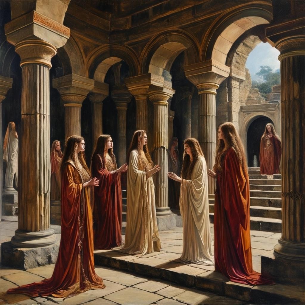 Image with seed 1592297072 generated via Stable Diffusion through @stablehorde@sigmoid.social. Prompt: a Pre-Raphaelite painting of priestesses in an ancient pagan temple 