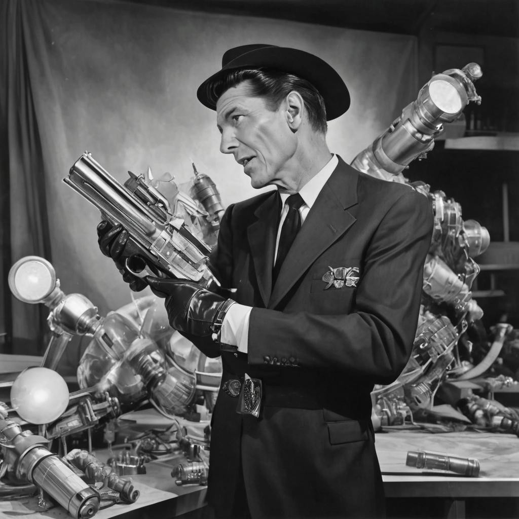 Image with seed 232003291 generated via Stable Diffusion through @stablehorde@sigmoid.social. Prompt: Ronald Reagan as Ronnie Raygun, Space Cowboy, 1950s pulp science fiction, raygun gothic