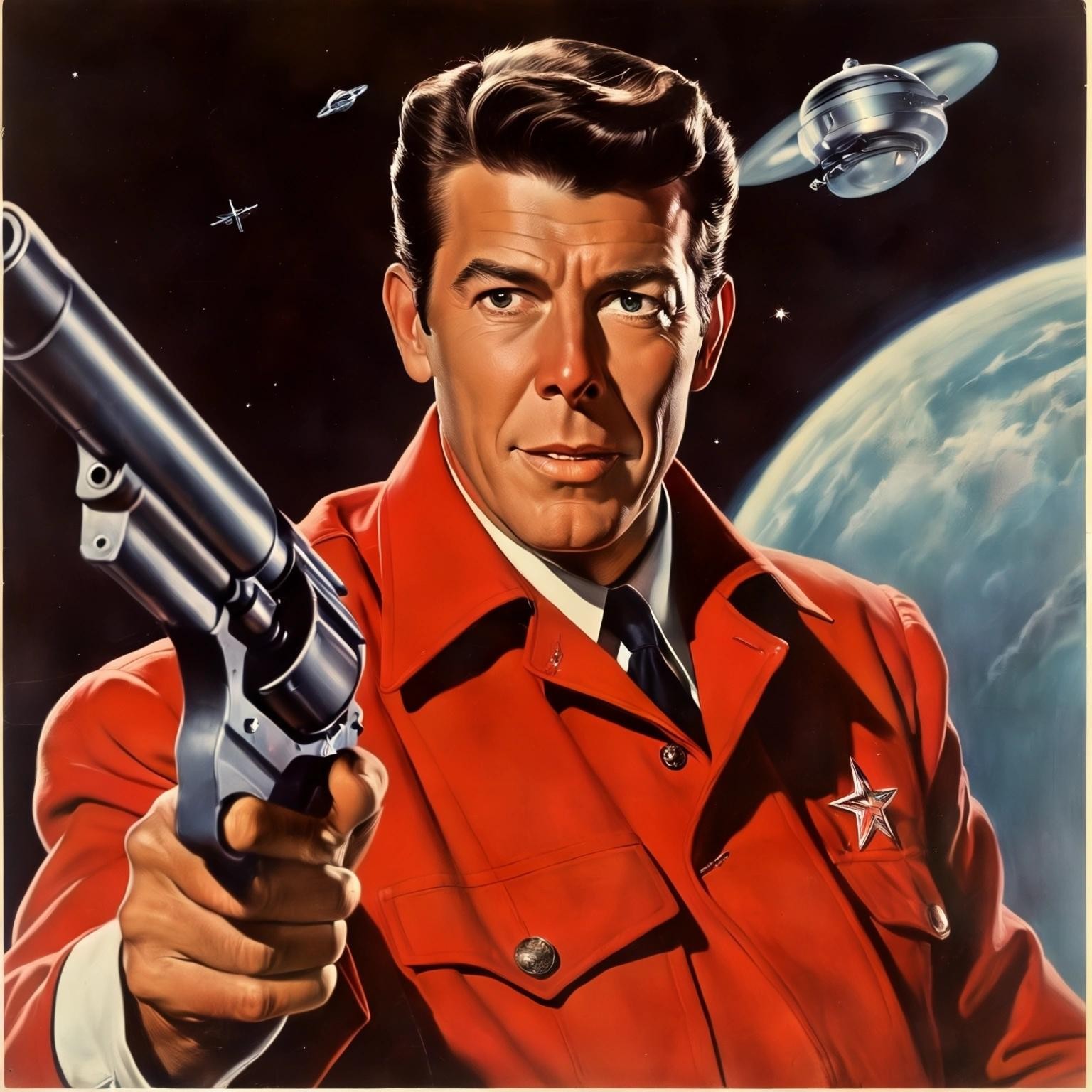 Image with seed 1597444795 generated via Stable Diffusion through @stablehorde@sigmoid.social. Prompt: Ronald Reagan as Ronnie Raygun, Space Cowboy, 1950s pulp science fiction, raygun gothic 