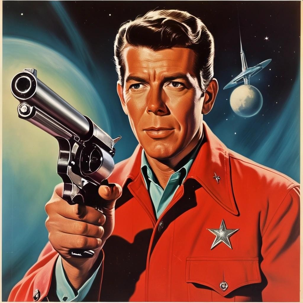 Image with seed 2456713887 generated via Stable Diffusion through @stablehorde@sigmoid.social. Prompt: Ronald Reagan as Ronnie Raygun, Space Cowboy, 1950s pulp science fiction, raygun gothic 