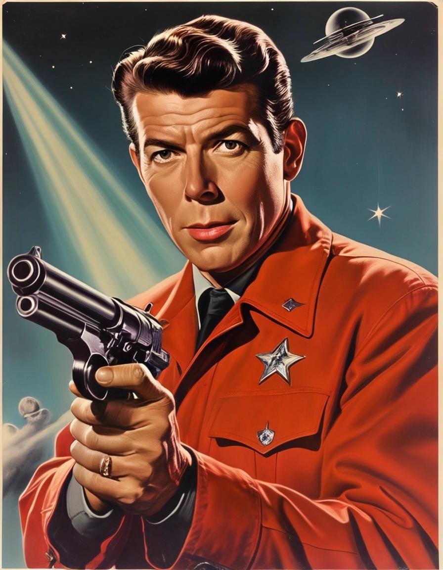 Image with seed 2978258578 generated via Stable Diffusion through @stablehorde@sigmoid.social. Prompt: Ronald Reagan as Ronnie Raygun, Space Cowboy, 1950s pulp science fiction, raygun gothic 