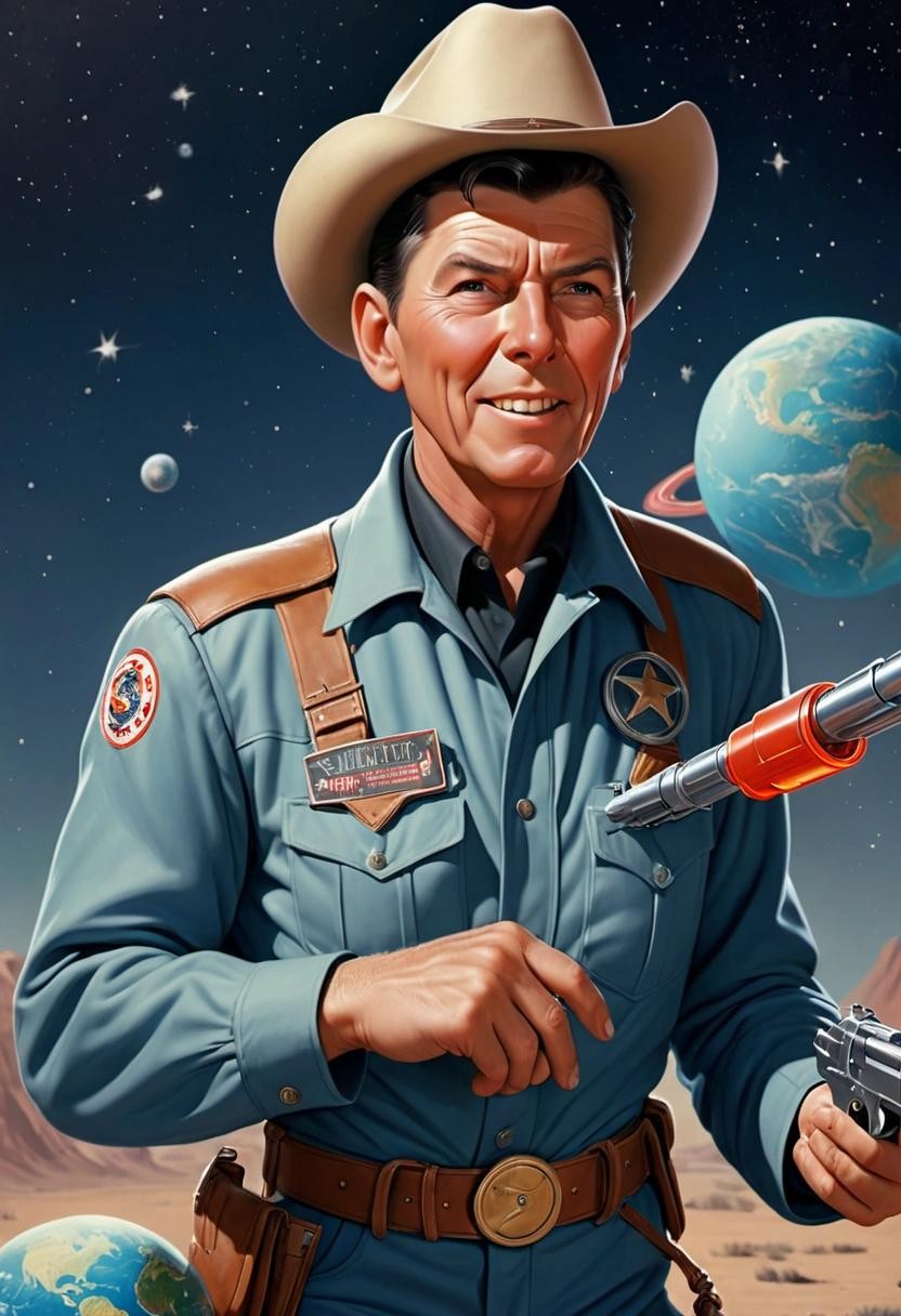 Image with seed 1156957886 generated via Stable Diffusion through @stablehorde@sigmoid.social. Prompt: Ronald Reagan as Ronnie Raygun, Space Cowboy, 1950s pulp science fiction, raygun gothic 