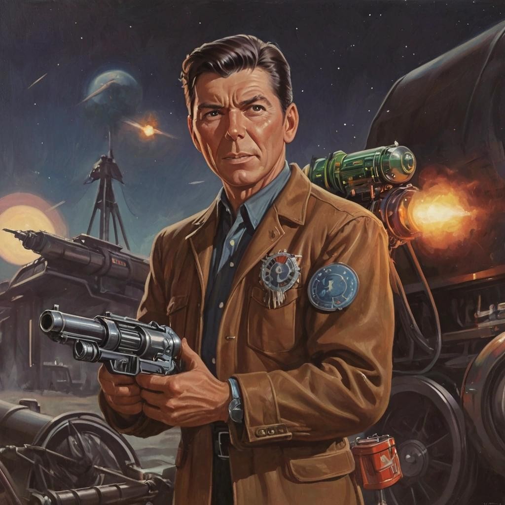 Image with seed 2654276314 generated via Stable Diffusion through @stablehorde@sigmoid.social. Prompt: Ronald Reagan as Ronnie Raygun, Space Cowboy, 1950s pulp science fiction, raygun gothic ###