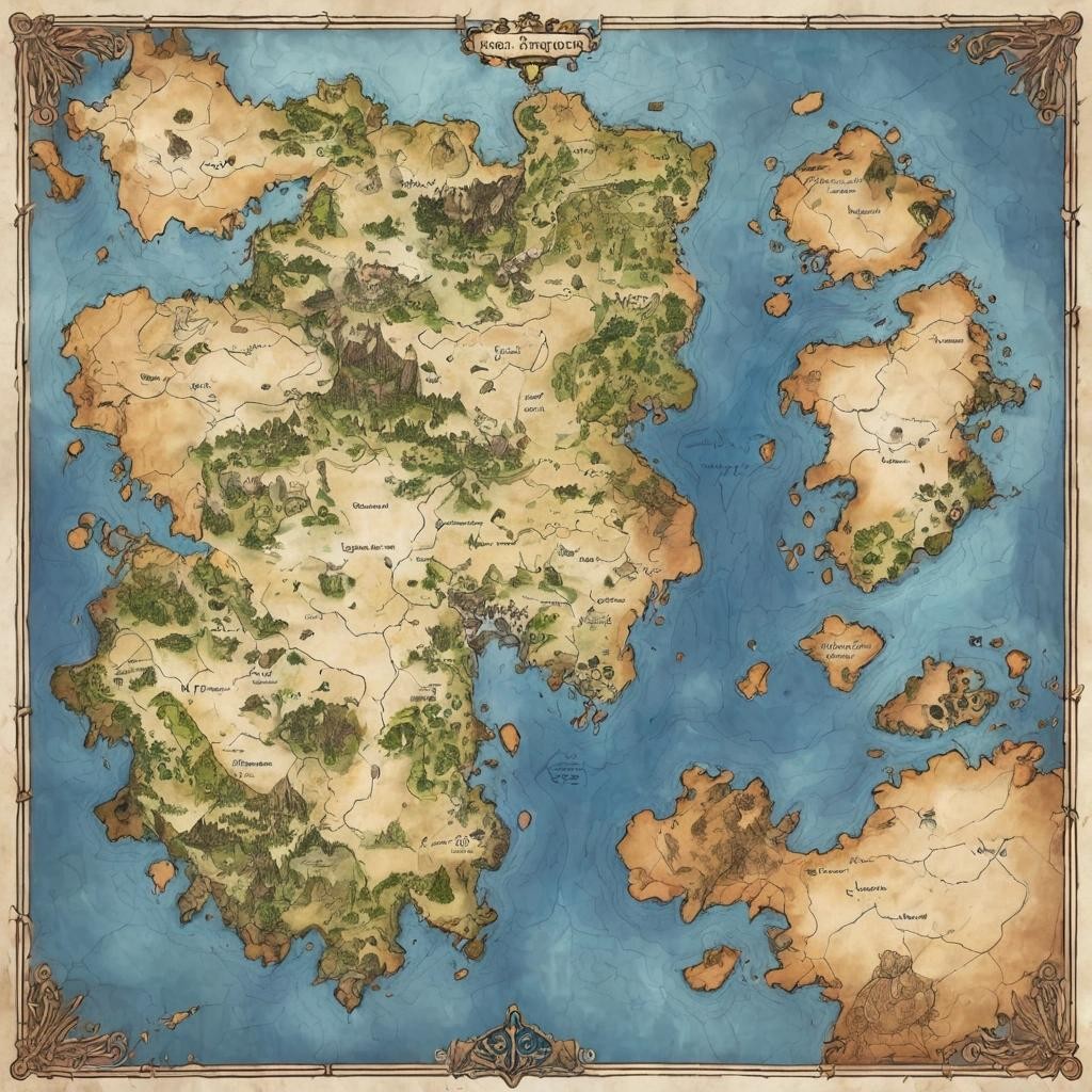Image with seed 292419620 generated via Stable Diffusion through @stablehorde@sigmoid.social. Prompt: a map of a fictional continent, fantasy, pen and paper rpg
