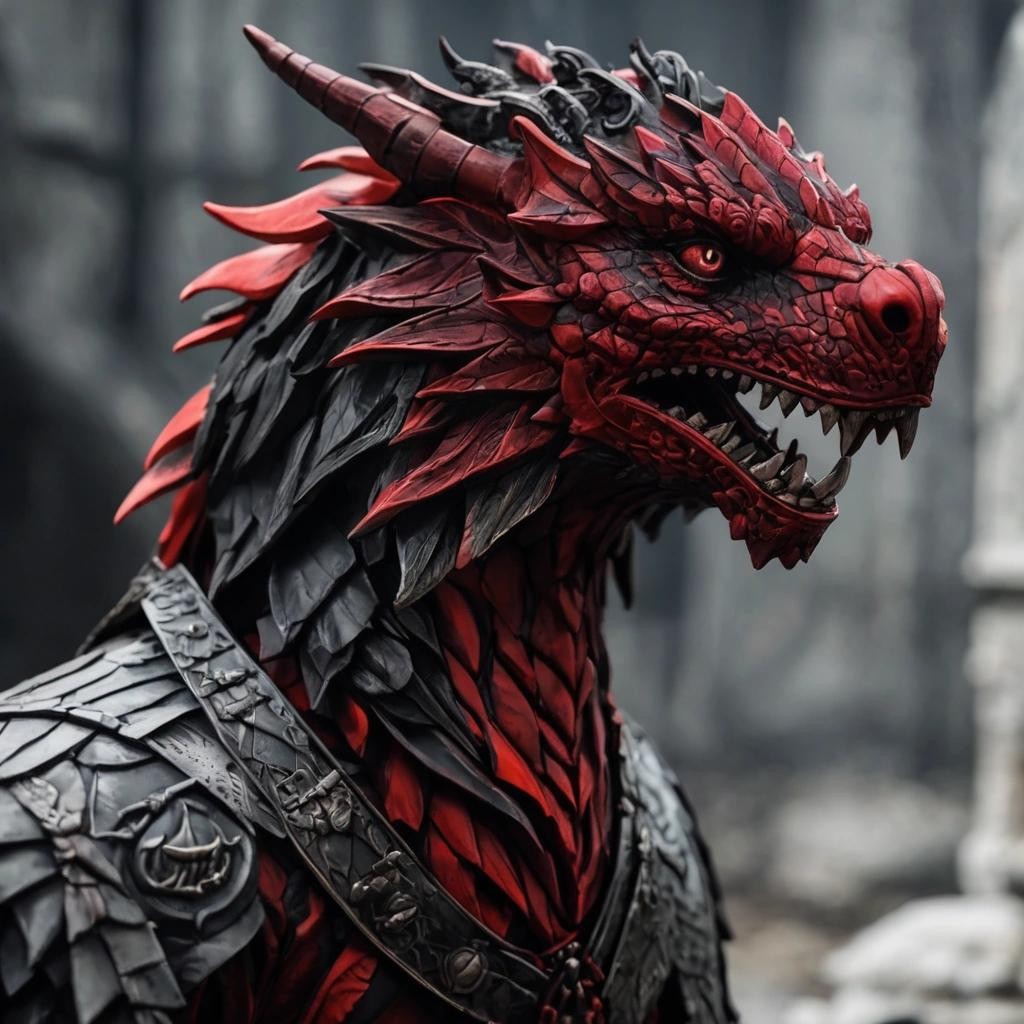 Image with seed 2468706492 generated via Stable Diffusion through @stablehorde@sigmoid.social. Prompt: a Game of Thrones style image of House PalancaAnimal: dragonColors: Red and black Moto: fire and blood
