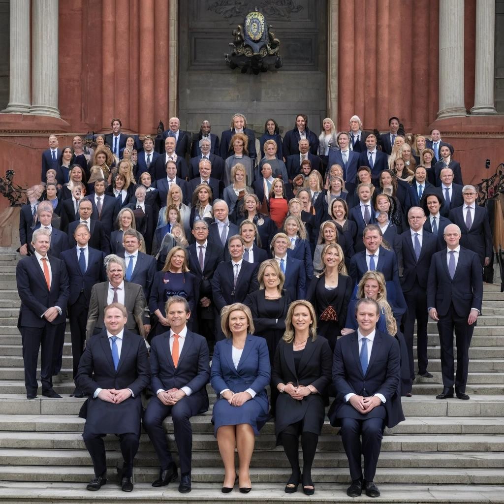 Image with seed 1371006582 generated via Stable Diffusion through @stablehorde@sigmoid.social. Prompt: a photo of the new Dutch cabinet of ministers on the stairs of the kings palace