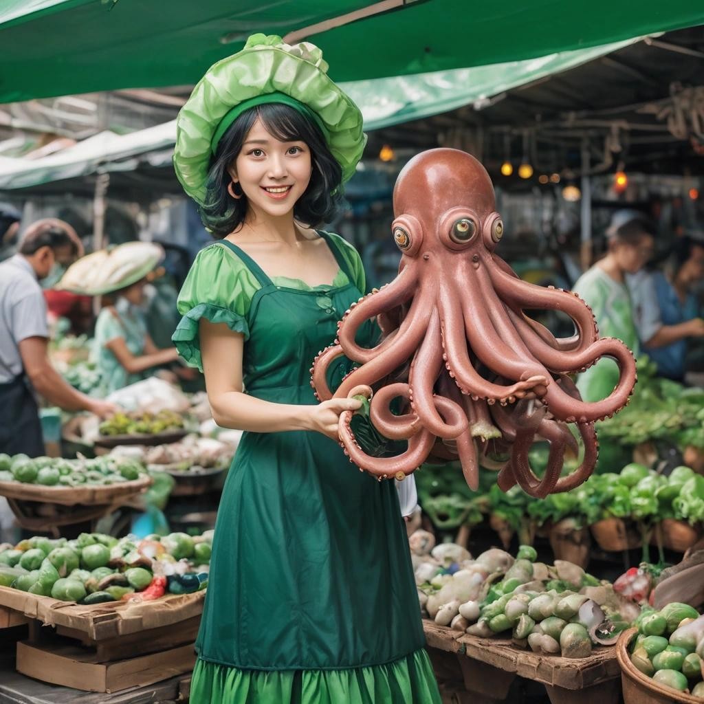 Image with seed 2454401960 generated via Stable Diffusion through @stablehorde@sigmoid.social. Prompt: an octopus in a green dress selling mushrooms at a market
