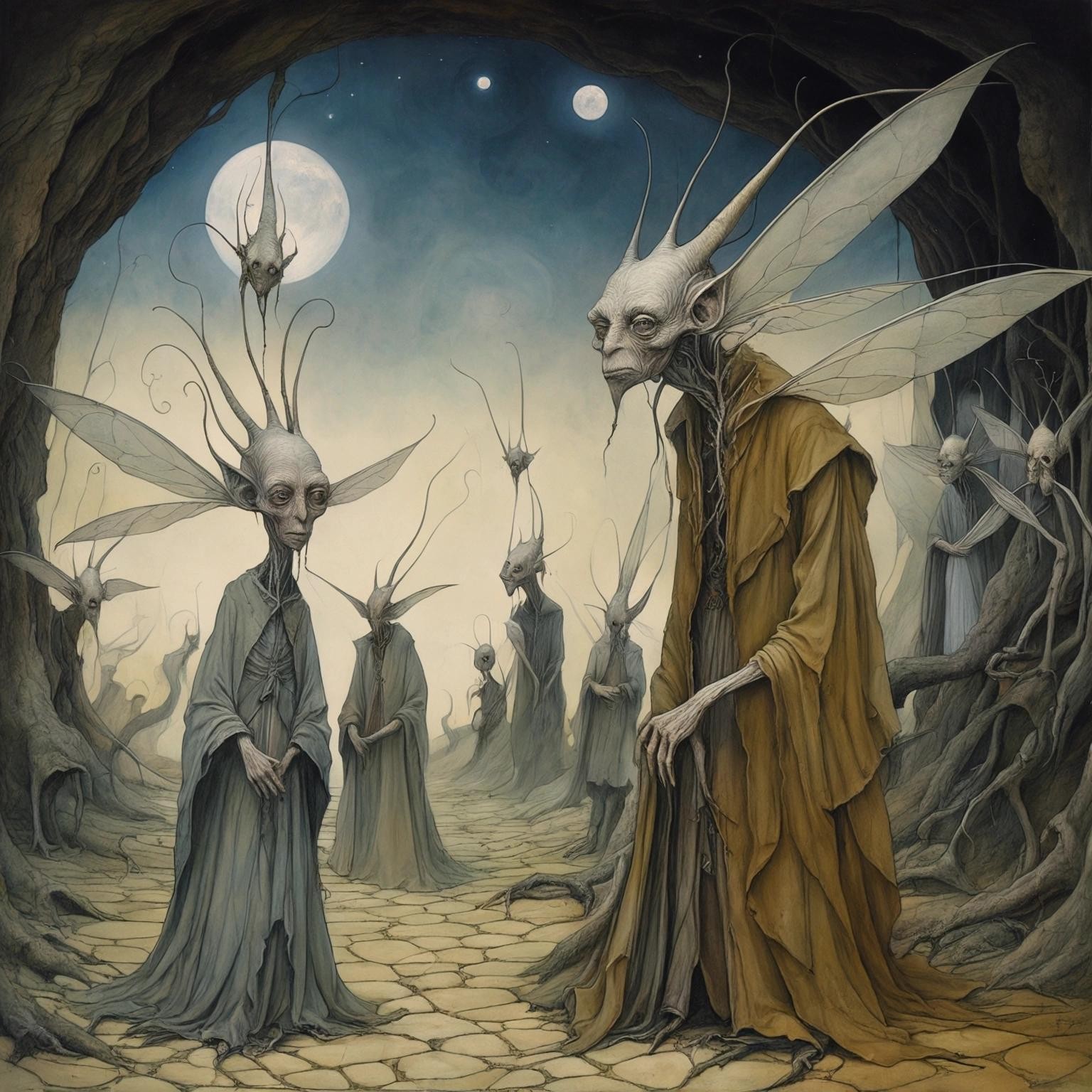 Image with seed 2138365309 generated via Stable Diffusion through @stablehorde@sigmoid.social. Prompt: Visitors From Elsewhere, strange fae creatures, magical, fantasy, surrealism, Hieronymus Bosch, Moebius, Brian Froud 
