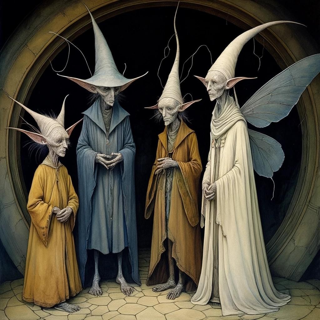Image with seed 9754843 generated via Stable Diffusion through @stablehorde@sigmoid.social. Prompt: Visitors From Elsewhere, strange fae creatures, magical, fantasy, surrealism, Hieronymus Bosch, Moebius, Brian Froud 