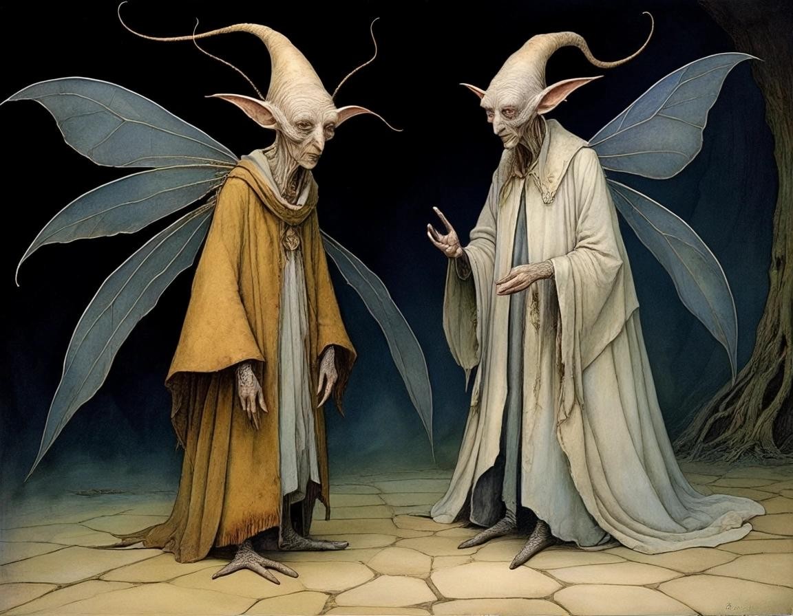 Image with seed 301312390 generated via Stable Diffusion through @stablehorde@sigmoid.social. Prompt: Visitors From Elsewhere, strange fae creatures, magical, fantasy, surrealism, Hieronymus Bosch, Moebius, Brian Froud 
