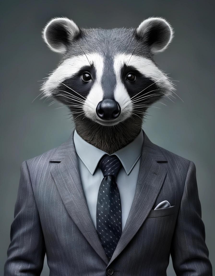 Image with seed 807113709 generated via Stable Diffusion through @stablehorde@sigmoid.social. Prompt: an anthropomorphic badger wearing a grey business suit with a very painful facial expression 