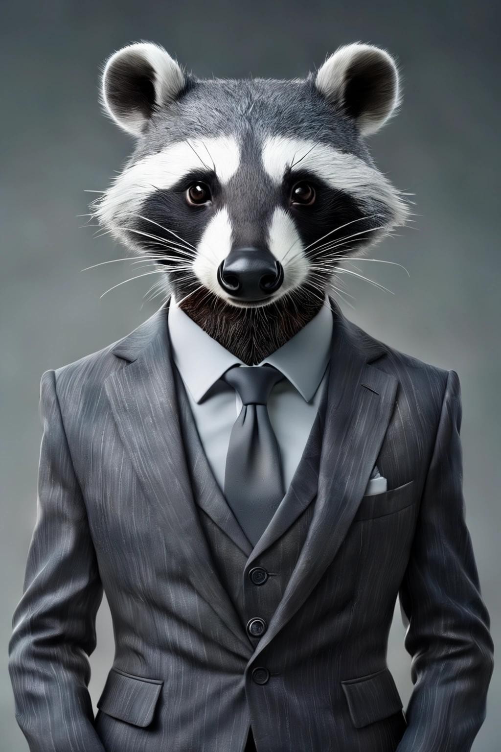 Image with seed 2260935264 generated via Stable Diffusion through @stablehorde@sigmoid.social. Prompt: an anthropomorphic badger wearing a grey business suit with a very painful facial expression 