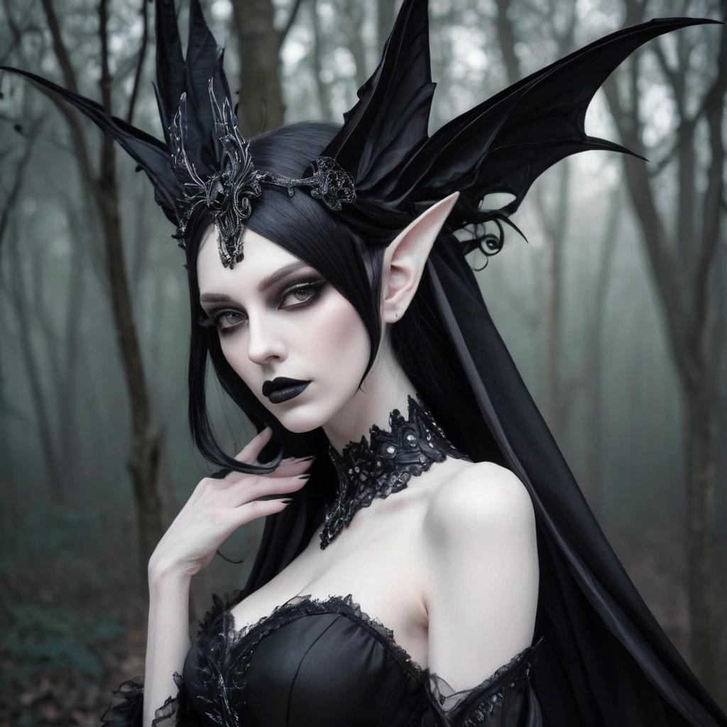 Image with seed 3995257093 generated via Stable Diffusion through @stablehorde@sigmoid.social. Prompt: a beautiful very pale white ((Elf woman)) with black hair and long ((pointy ears)) wearing a vaporous gothic black satin dress and gothic lolita headpiece