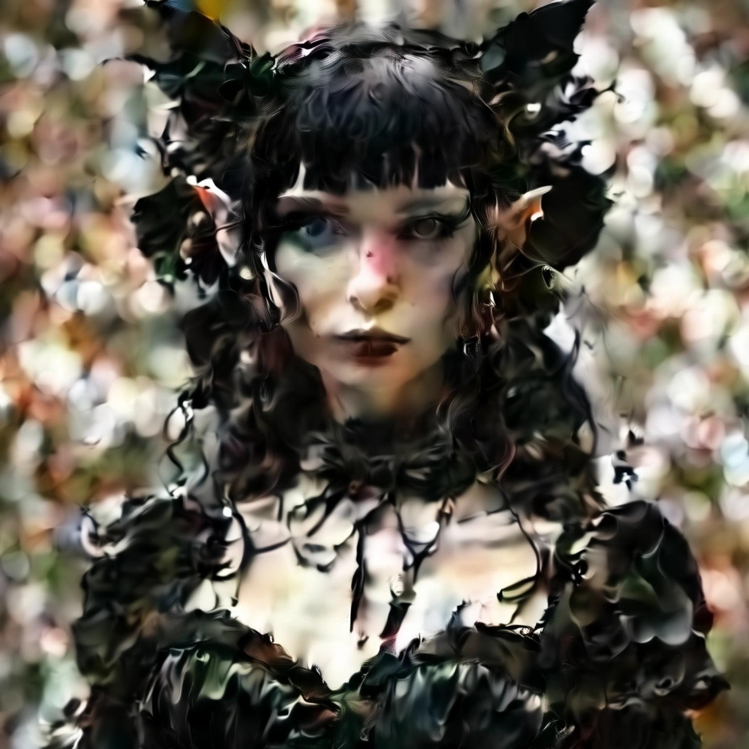 Image with seed 444270527 generated via Stable Diffusion through @stablehorde@sigmoid.social. Prompt: a beautiful very pale white ((Elf woman)) with black hair and long ((pointy ears)) wearing a vaporous gothic black satin dress and gothic lolita headpiece 