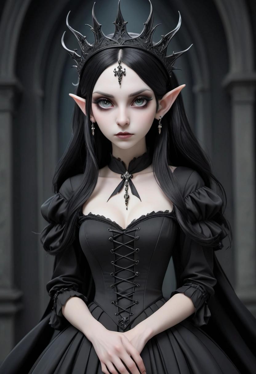 Image with seed 2833813823 generated via Stable Diffusion through @stablehorde@sigmoid.social. Prompt: a beautiful very pale white ((Elf woman)) with black hair and long ((pointy ears)) wearing a vaporous gothic black satin dress and gothic lolita headpiece 