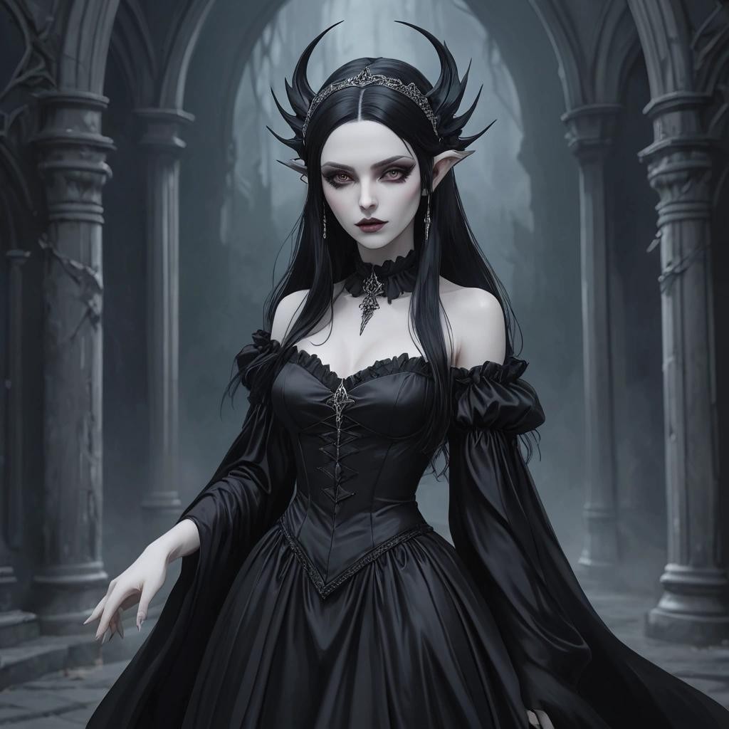Image with seed 421289269 generated via Stable Diffusion through @stablehorde@sigmoid.social. Prompt: a beautiful very pale white ((Elf woman)) with black hair and long ((pointy ears)) wearing a vaporous gothic black satin dress and gothic lolita headpiece ###