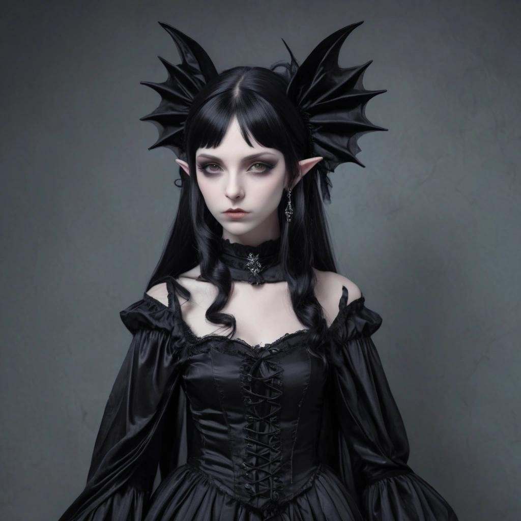 Image with seed 3488098924 generated via Stable Diffusion through @stablehorde@sigmoid.social. Prompt: a beautiful very pale white ((Elf woman)) with black hair and long ((pointy ears)) wearing a vaporous gothic black satin dress and gothic lolita headpiece 