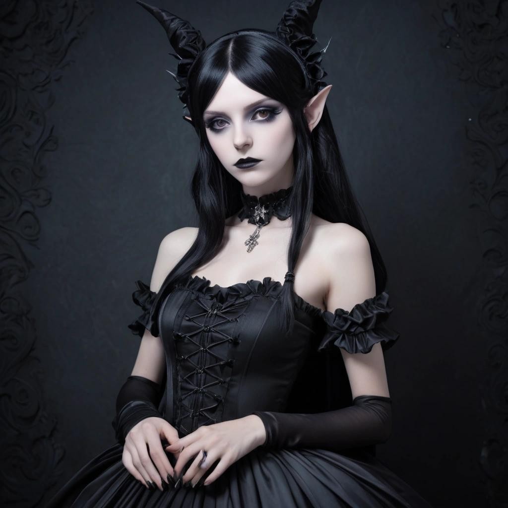 Image with seed 3645048385 generated via Stable Diffusion through @stablehorde@sigmoid.social. Prompt: a beautiful very pale white ((Elf woman)) with black hair and long ((pointy ears)) wearing a vaporous gothic black satin dress and gothic lolita headpiece 