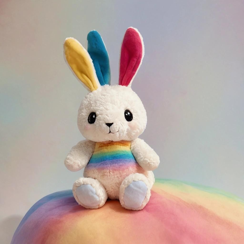 Image with seed 2559689404 generated via Stable Diffusion through @stablehorde@sigmoid.social. Prompt: a photograph of a qute cuddly toy in the shape of a bunny sitting on a rainbow