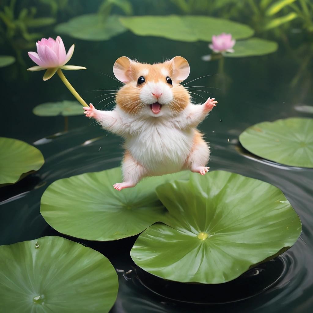 Image with seed 295932858 generated via Stable Diffusion through @stablehorde@sigmoid.social. Prompt: a photo realistic image a hamster who is dancing ballet on a water lilly leaf in a pond