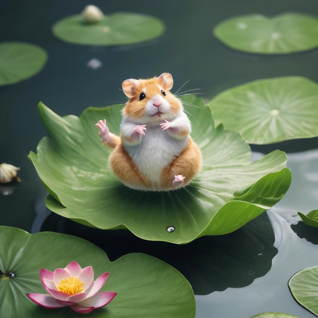 Image with seed 2502381387 generated via Stable Diffusion through @stablehorde@sigmoid.social. Prompt: a photo realistic image a hamster who is dancing ballet on a water lilly leaf in a pond