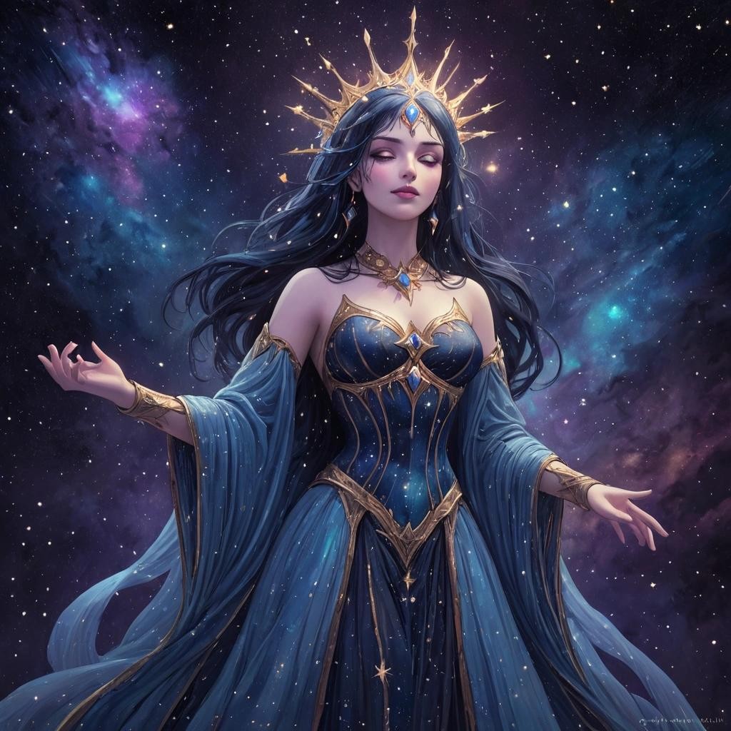 Image with seed 1563968600 generated via Stable Diffusion through @stablehorde@sigmoid.social. Prompt: Goddess, Lady of the Stars, painting the night sky with beautiful lights, Varda, Elbereth Gilthoniel, Night Queen, beautiful, majestic, galactic ###