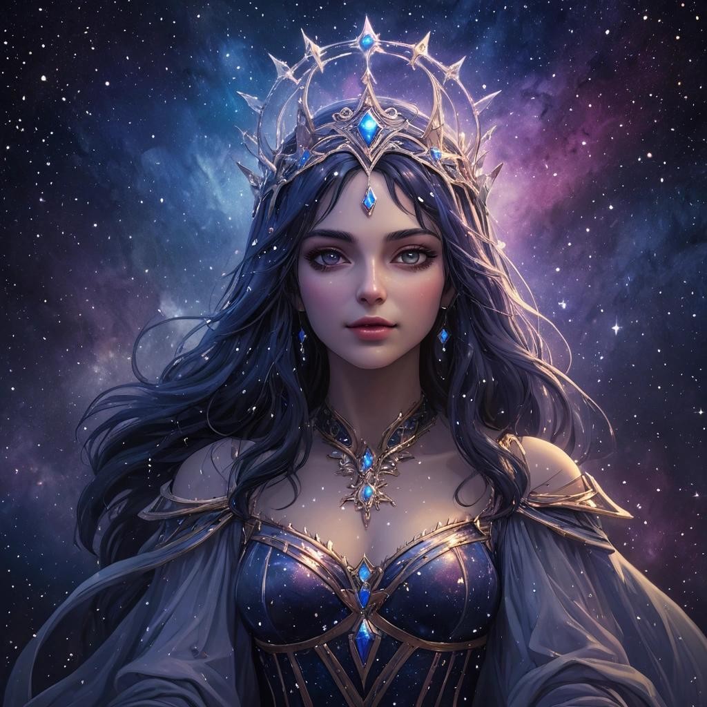 Image with seed 1299919550 generated via Stable Diffusion through @stablehorde@sigmoid.social. Prompt: Goddess, Lady of the Stars, painting the night sky with beautiful lights, Varda, Elbereth Gilthoniel, Night Queen, beautiful, majestic, galactic ###