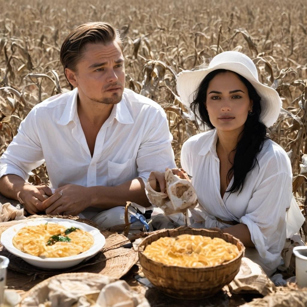 Image with seed 3145429052 generated via Stable Diffusion through @stablehorde@sigmoid.social. Prompt: Leonardo DiCaprio and Salma Hayek having breakfast in the morning near a huge cotton field