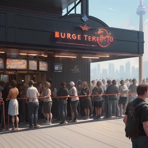 Image with seed 4120338387 generated via Stable Diffusion through @stablehorde@sigmoid.social. Prompt: a crowd of people waiting in line to enter a new burger restaurant on Toronto Island ferry , fantasy artwork, epic, detailed and intricate digital painting, trending on artstation, by wlop and greg rutkowski, octane render