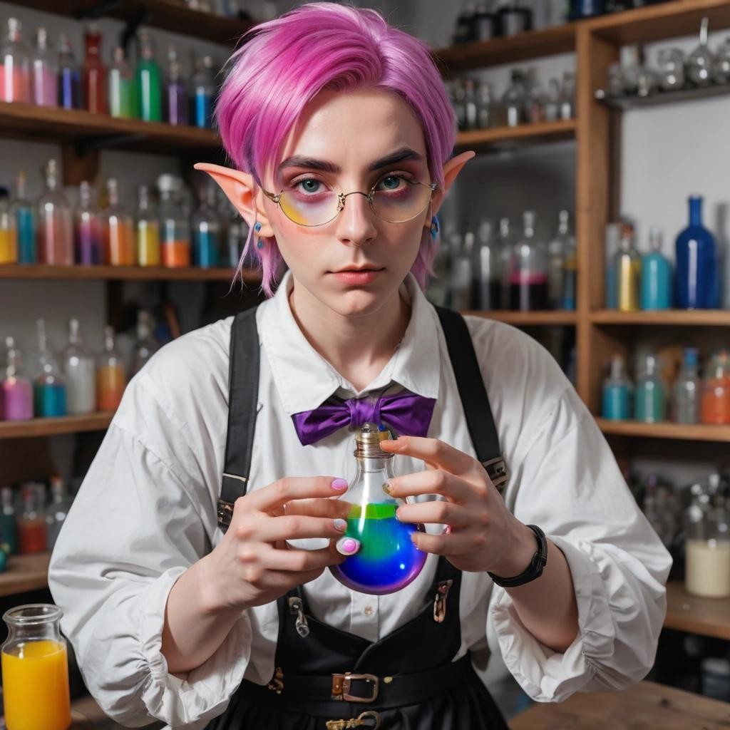 Image with seed 4089851738 generated via Stable Diffusion through @stablehorde@sigmoid.social. Prompt: An androgynous genderqueer nonbinary alchemist holding a flask of rainbow coloured gender fluid in their laboratory, (elf), (pointy ears), fantasy, (masterpiece), best quality, expressive eyes, perfect face 