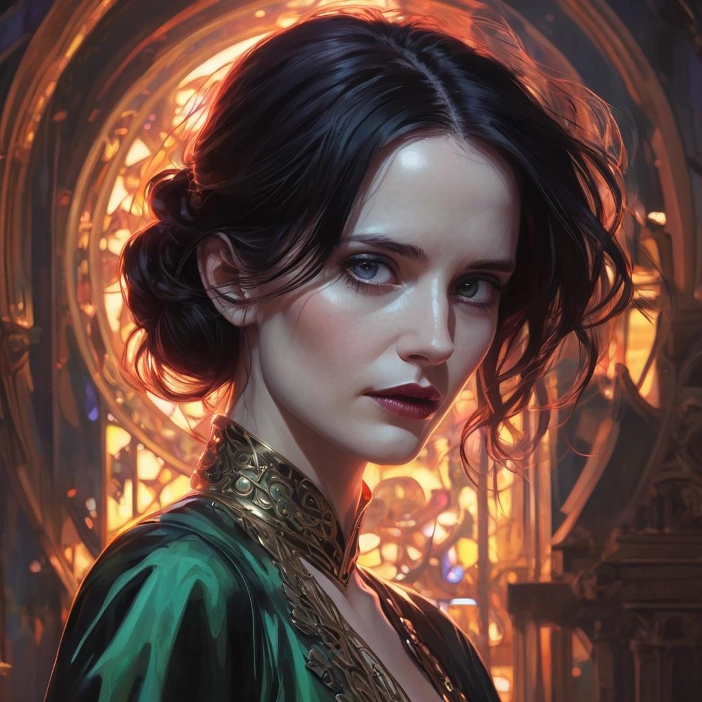 Image with seed 3281509006 generated via Stable Diffusion through @stablehorde@sigmoid.social. Prompt: '"Eva green, fantasy, portrait, sharp focus, intricate, elegant, digital painting, artstation, matte, highly detailed, concept art, illustration, ambient lighting, art by ilya kuvshinov, artgerm, Alphonse mucha, and Greg Rutkowski"'