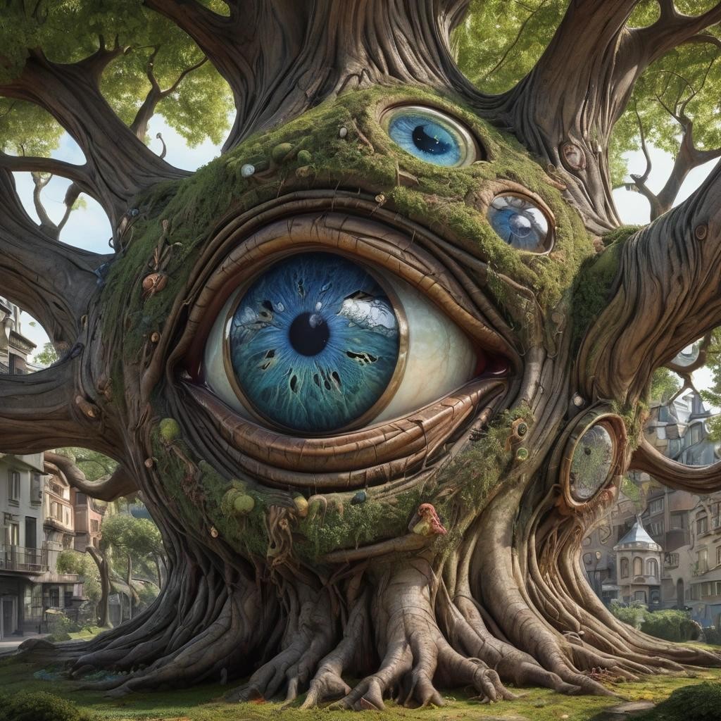 Image with seed 721395290 generated via Stable Diffusion through @stablehorde@sigmoid.social. Prompt: A huge eyeball growing in a giant tree, surrealism, weird plants, whimsical trending on Artstation highly detailed elegant fantasy photorealistic high detail hyperrealistic 4K 3D colourful Jacek Yerka Gothic SALVADOR DALI dreamlike Surrealism H.R. Giger Hieronymus Bosch heavy metal whimsical Moebius