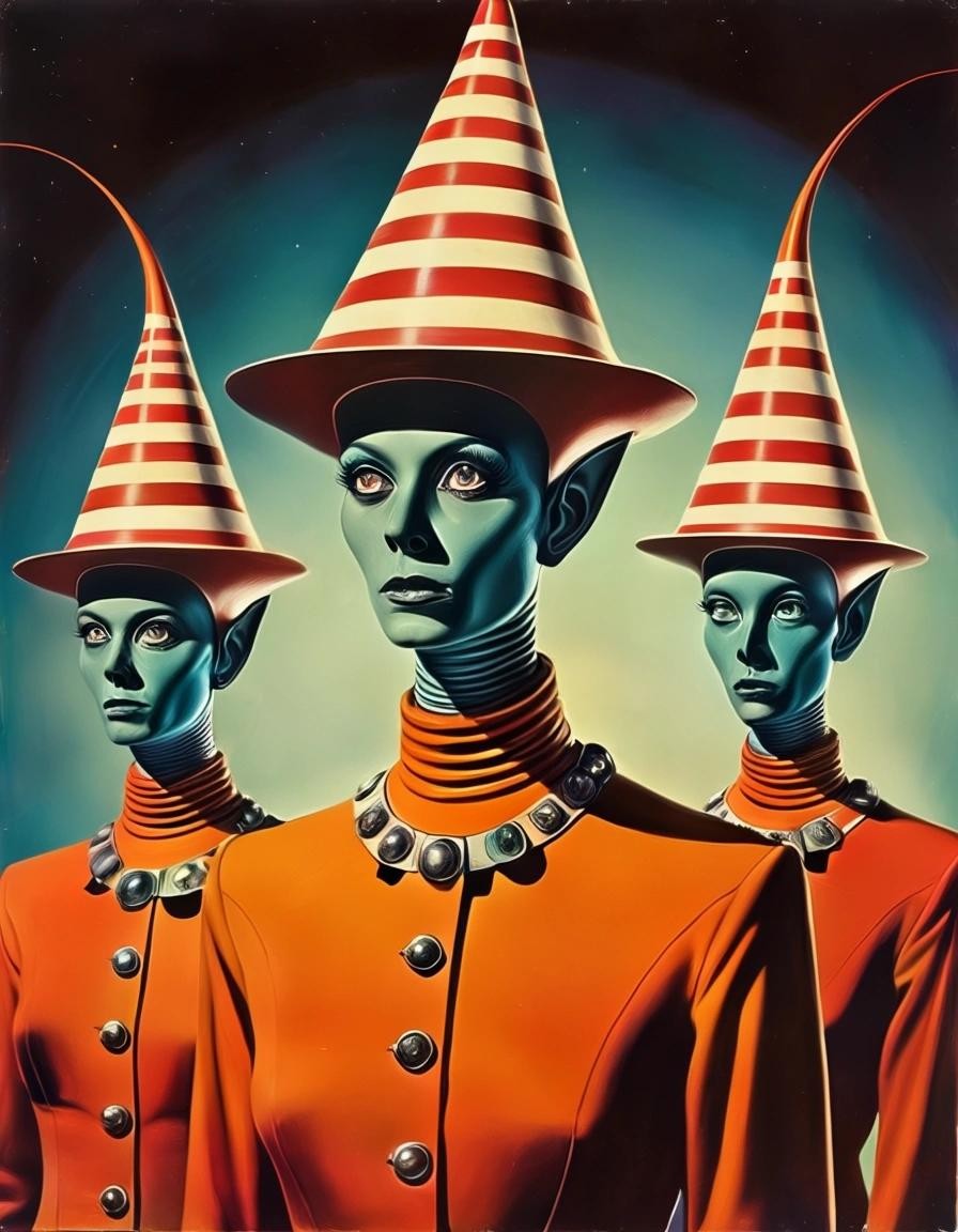 Image with seed 3419280792 generated via Stable Diffusion through @stablehorde@sigmoid.social. Prompt: diplomatic delegation from the Planet of Silly Hats, surrealism, elektrodada, 1960s science fiction, psychedelic, weird humanoid aliens, space opera 