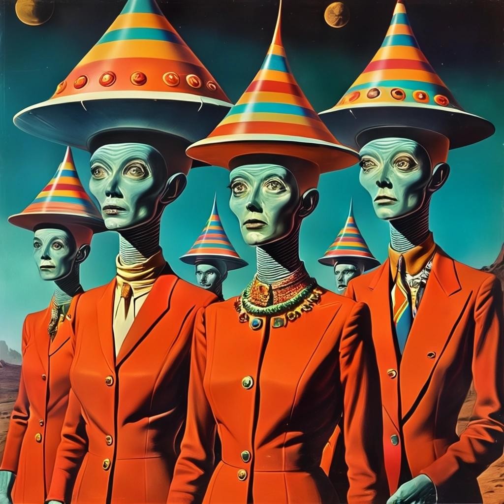Image with seed 1106952318 generated via Stable Diffusion through @stablehorde@sigmoid.social. Prompt: diplomatic delegation from the Planet of Silly Hats, surrealism, elektrodada, 1960s science fiction, psychedelic, weird humanoid aliens, space opera 