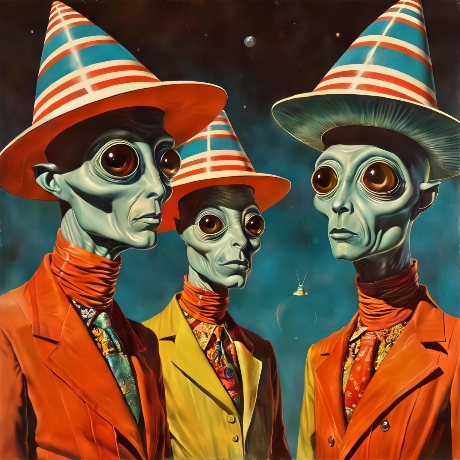 Image with seed 1232530984 generated via Stable Diffusion through @stablehorde@sigmoid.social. Prompt: diplomatic delegation from the Planet of Silly Hats, surrealism, elektrodada, 1960s science fiction, psychedelic, weird humanoid aliens, space opera 