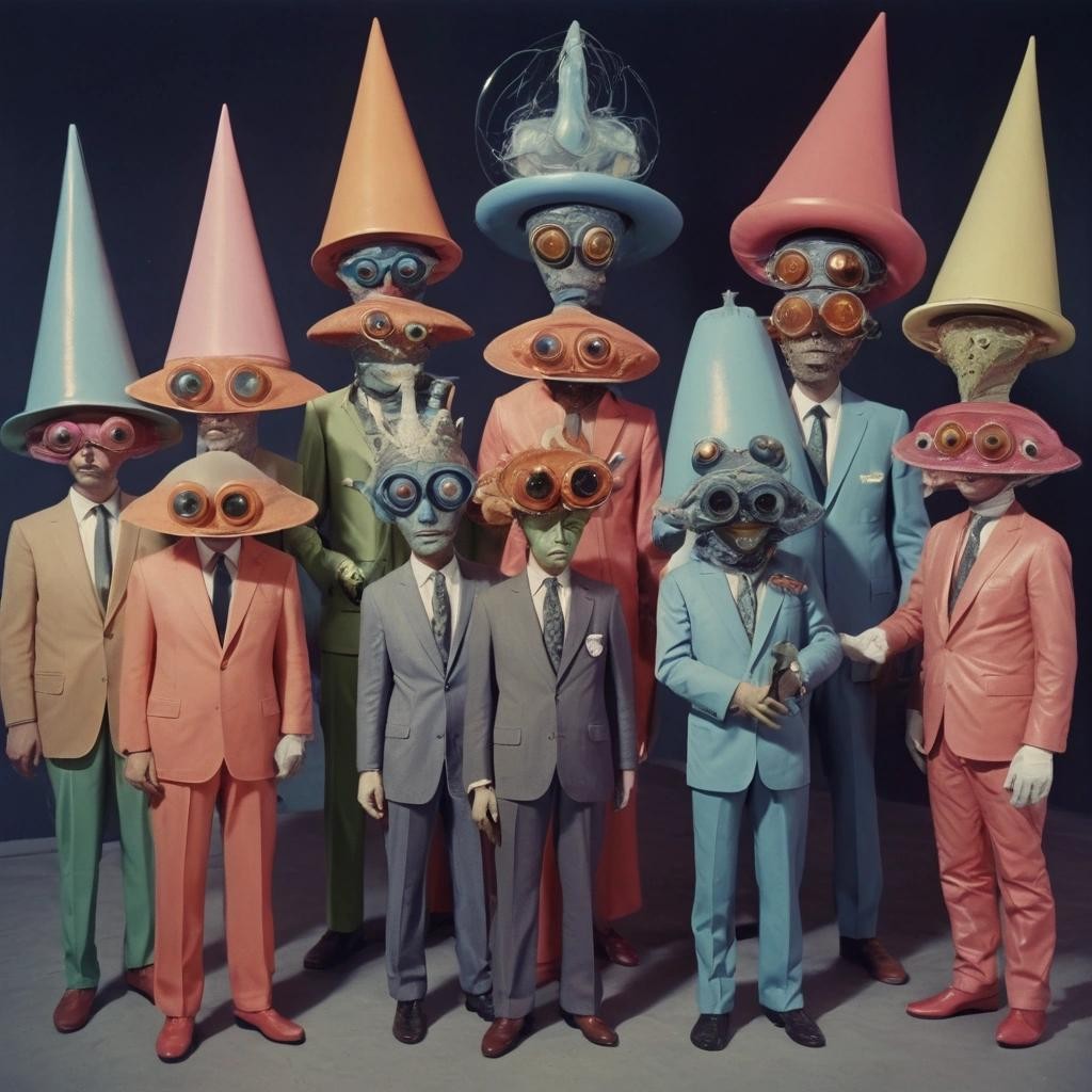 Image with seed 2038406324 generated via Stable Diffusion through @stablehorde@sigmoid.social. Prompt: diplomatic delegation from the Planet of Silly Hats, surrealism, elektrodada, 1960s science fiction, psychedelic, weird humanoid aliens, space opera 