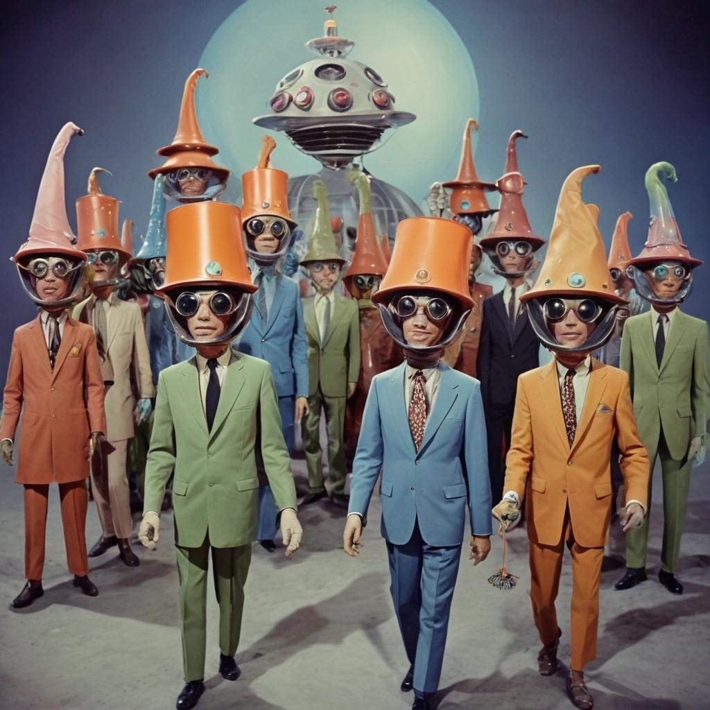 Image with seed 2038406324 generated via Stable Diffusion through @stablehorde@sigmoid.social. Prompt: diplomatic delegation from the Planet of Silly Hats, surrealism, elektrodada, 1960s science fiction, psychedelic, weird humanoid aliens, space opera 