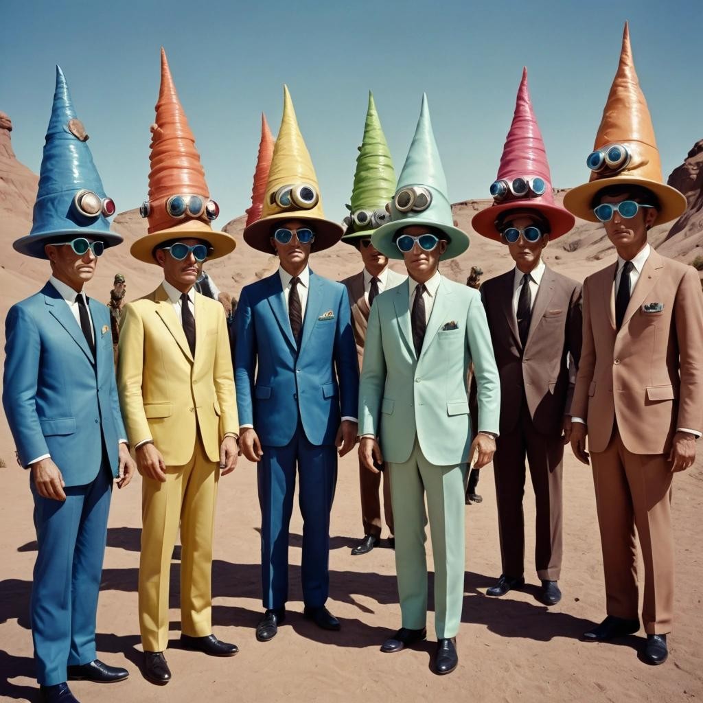 Image with seed 3463020539 generated via Stable Diffusion through @stablehorde@sigmoid.social. Prompt: diplomatic delegation from the Planet of Silly Hats, surrealism, elektrodada, 1960s science fiction, psychedelic, weird humanoid aliens, space opera 