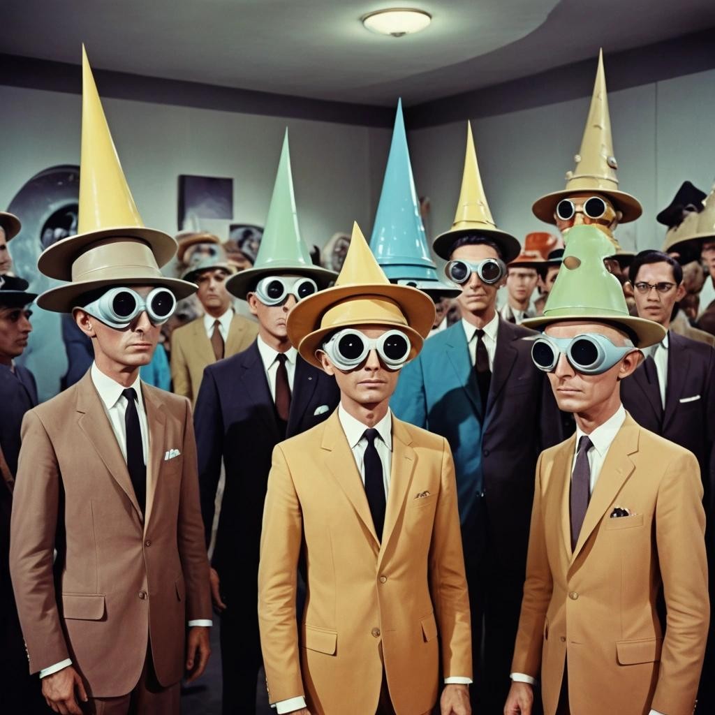 Image with seed 3463020539 generated via Stable Diffusion through @stablehorde@sigmoid.social. Prompt: diplomatic delegation from the Planet of Silly Hats, surrealism, elektrodada, 1960s science fiction, psychedelic, weird humanoid aliens, space opera 