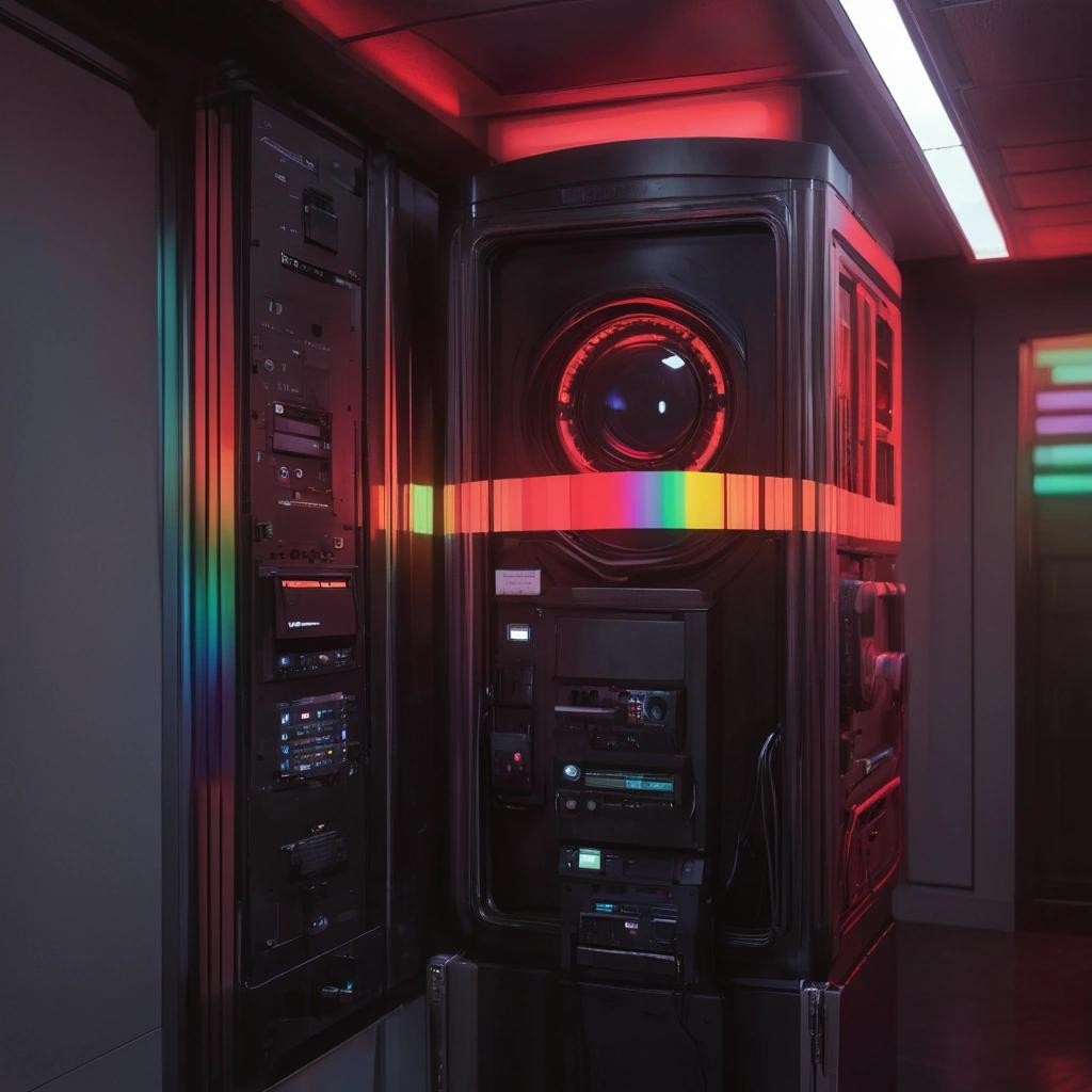 Image with seed 2309609173 generated via Stable Diffusion through @stablehorde@sigmoid.social. Prompt: HAL 9000 dressed up for pride month