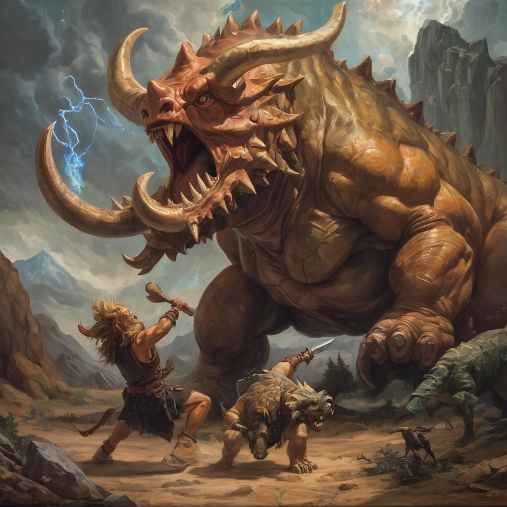 Image with seed 1572140226 generated via Stable Diffusion through @stablehorde@sigmoid.social. Prompt: the Norse god Thor fighting a triceratops, oil painting