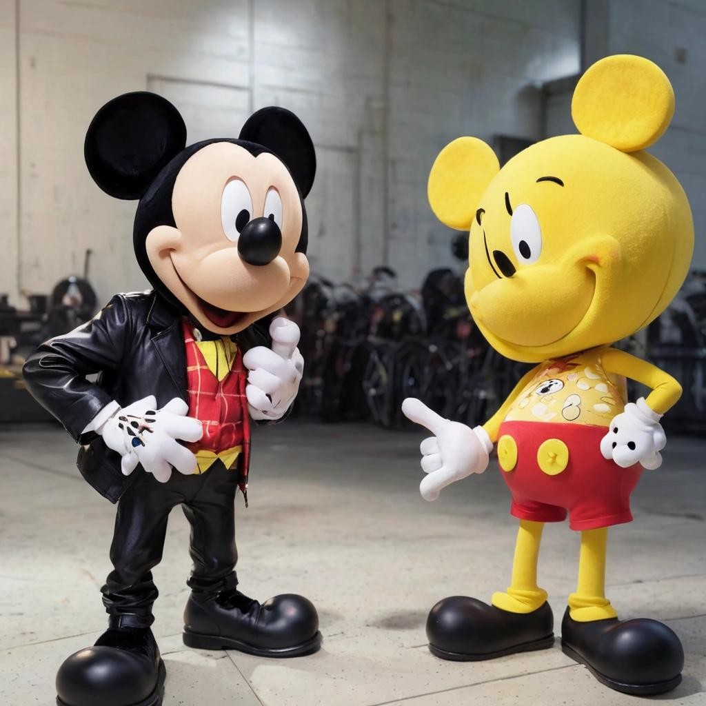Image with seed 3435794782 generated via Stable Diffusion through @stablehorde@sigmoid.social. Prompt: Mickey Mouse and SpongeBob SquarePants face off in a rap battle